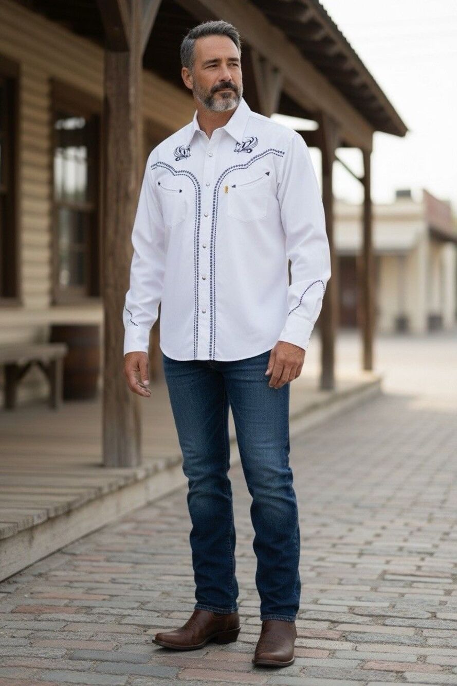 Lerima Western Shirt Embroidered Pearl Snaps Size 42 White W Black Trim